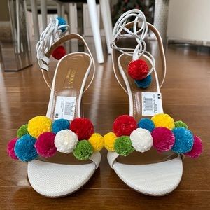 Aquazurra Raffia Pon Pon Sandal, White/Multi